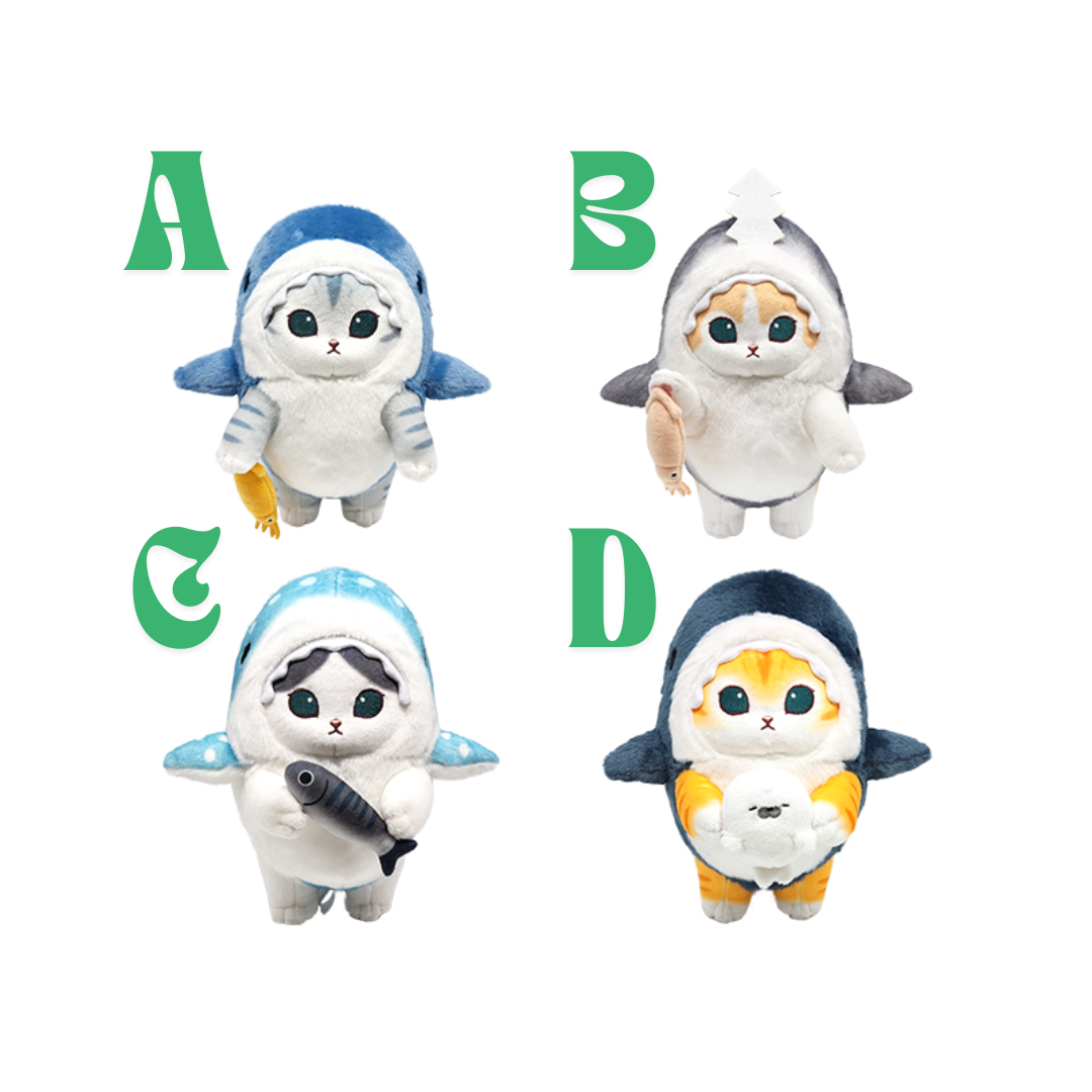 Set of four Mofusand in shark costume cat plush toys labeled A to D, adorable marine-themed stuffed animals for kids and cat lovers.