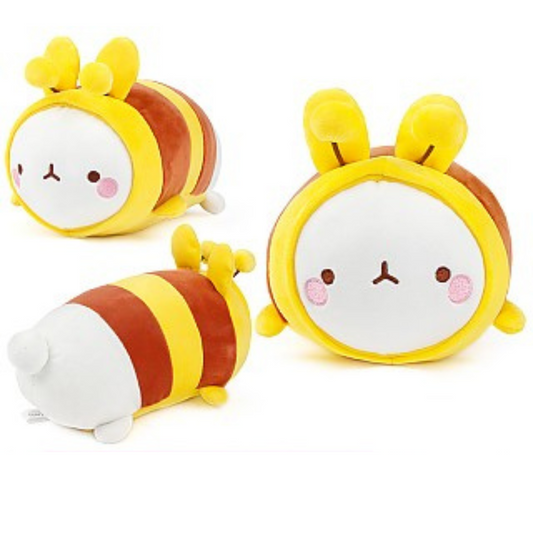 Molang Mochi plush toy collection featuring bee, bear, and bunny-themed Molang characters in yellow, brown, and pink colors, made with soft mochi fabric – perfect for kawaii lovers and cuddly gift ideas.