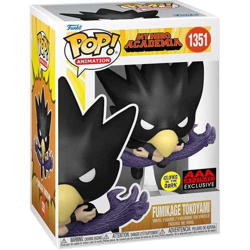 My Hero Academia Fumikage Tokoyami Fallen Angel Glow-in-the-Dark Funko Pop! Vinyl Figure #1351 AAA Anime Exclusive in display box, featuring Tokoyami with black bird head and purple swirling Dark Shadow.
