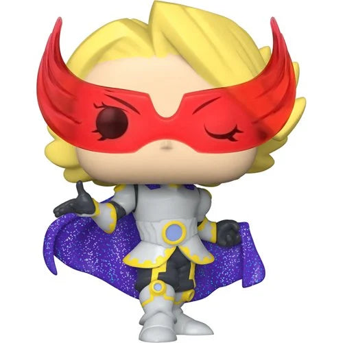 Funko Pop! Vinyl Figure of Yuga Aoyama from My Hero Academia, wearing a red crescent visor, white and yellow hero costume, and a glittery purple cape, striking a flamboyant pose.