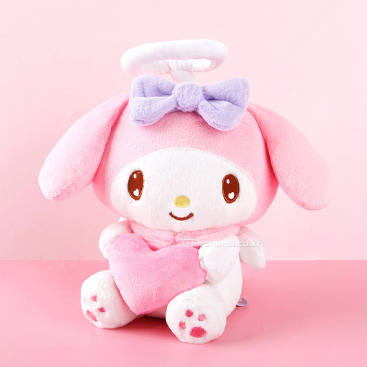 Sanrio My Melody Angel 2 plush doll with lavender bow and pink heart, 25cm kawaii stuffed toy with halo