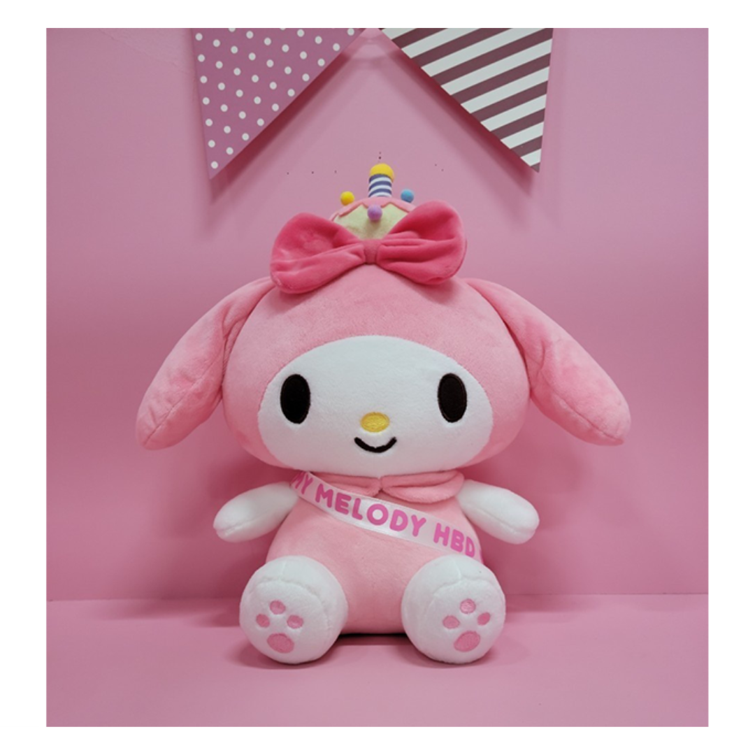"My Melody birthday plush toy with pink bow, party crown, and HBD sash – Sanrio stuffed animal for kawaii birthday gifts, decorations, and collectors"