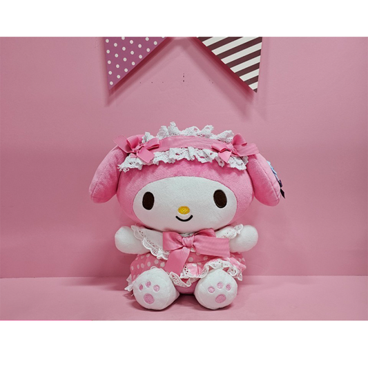 “My Melody plush in frilly pink lace maid costume – Sanrio bunny with floral headband and bows, a charming collectible for pink lovers.”