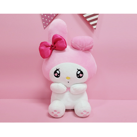 "Shy My Melody Sanrio plush with big sparkling eyes, pink hood, and deep pink bow – soft kawaii stuffed animal for collectors and sweet gift ideas"