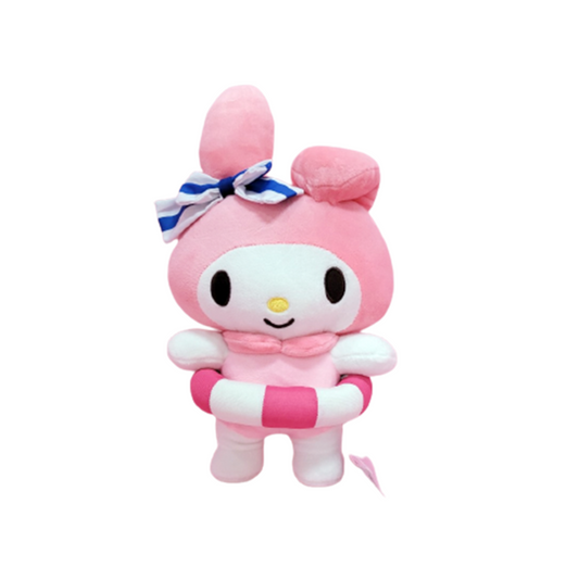 "My Melody Sanrio summer plush toy with striped bow and pink swim ring – kawaii beach-themed stuffed animal for collectors, kids, and seasonal gifts"