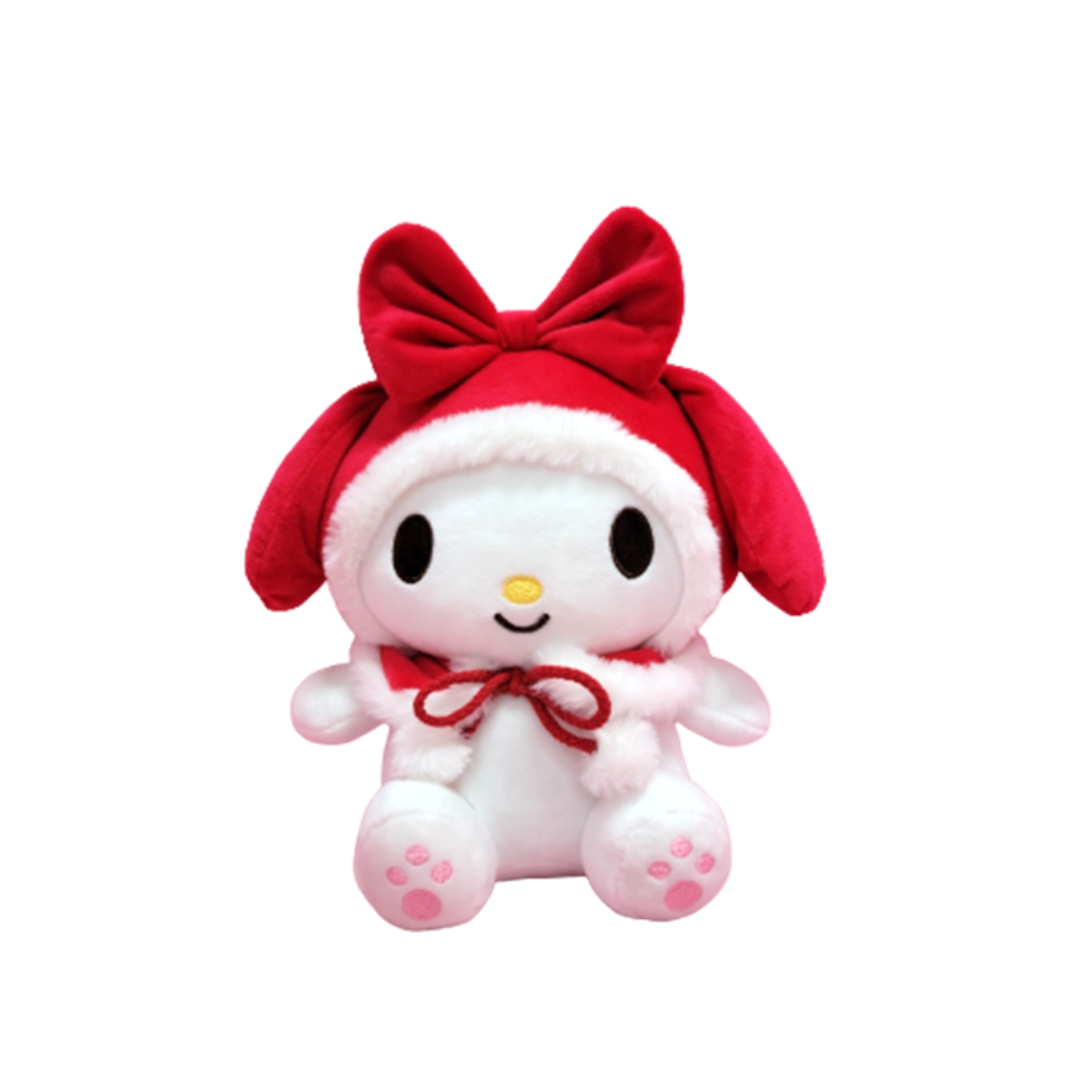 My Melody plush toy wearing a red winter hood with white fur trim and large bow, featuring pink paw details and festive holiday design.