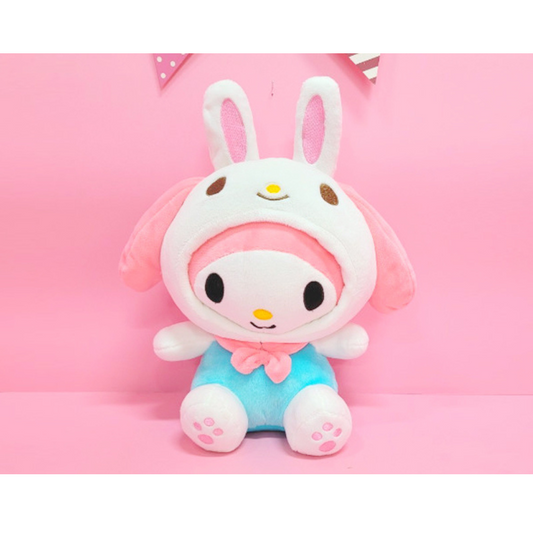 "My Melody plush toy in white bunny costume with blue outfit and pink bow – Sanrio stuffed animal for kawaii collectors, kids, and Easter gift ideas"