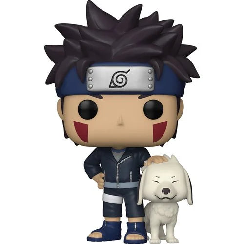 Funko Pop! Vinyl figure of Kiba Inuzuka from Naruto anime standing with his white ninja dog Akamaru, both stylized with chibi features, Kiba wearing blue outfit and red cheek markings – collectible for anime and Naruto fans.
