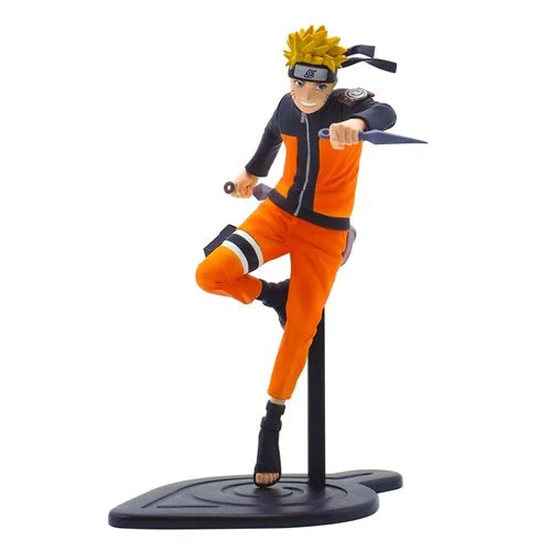 Naruto Shippuden Naruto Uzumaki Super Figure Collection anime figurine in action pose with kunai and Konoha base stand