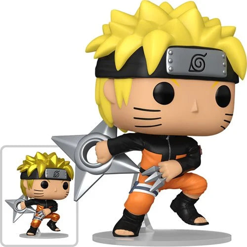 Funko Pop! Naruto Uzumaki with giant shuriken and kunai from Naruto: Shippuden, anime vinyl collectible figure with spiky yellow hair, black-and-orange ninja outfit, and Leaf Village headband.