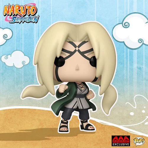 Naruto Shippuden Tsunade Funko Pop! vinyl figure in Creation Rebirth mode, AAA Anime Exclusive; blonde hair, green haori, black forehead seal, standing in battle-ready pose on illustrated background.