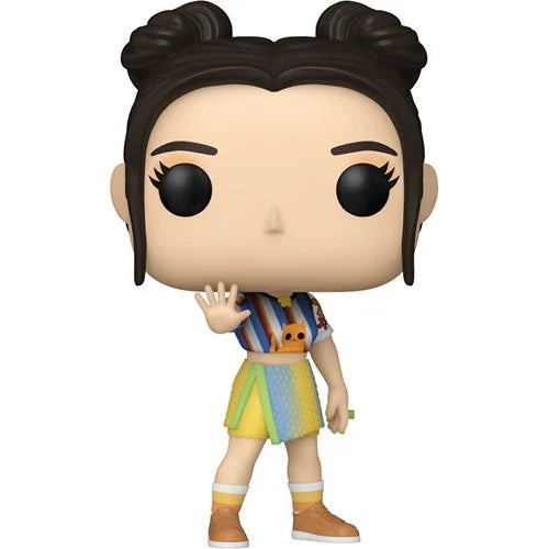 "NewJeans Danielle Funko Pop vinyl figure with double bun hairstyle, colorful striped outfit, and adorable yellow skirt—perfect collectible for K-pop and Funko fans."