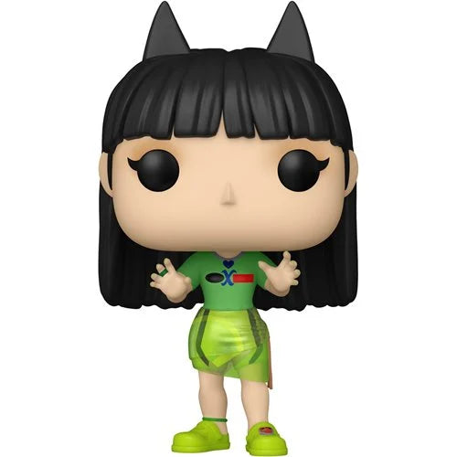 "Funko Pop! vinyl figure of NewJeans Haerin wearing a neon green outfit with cat ear headband, inspired by her iconic look from the 'OMG' music video."