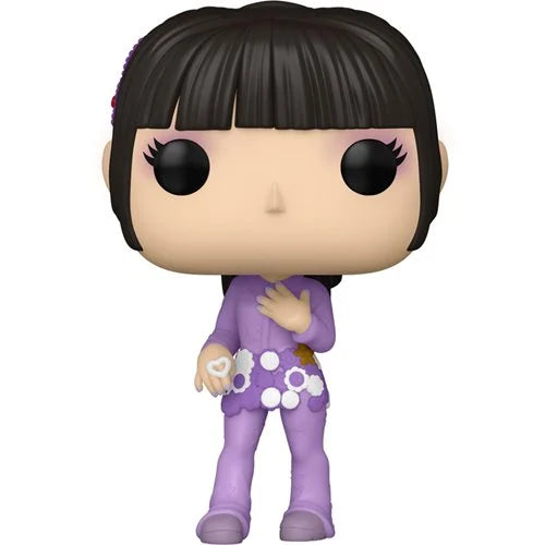 "K-pop collectible Funko Pop of NewJeans Hyein wearing a purple jumpsuit with white floral details, straight bangs, and soft pink eyeshadow—ideal for NewJeans merch collectors."