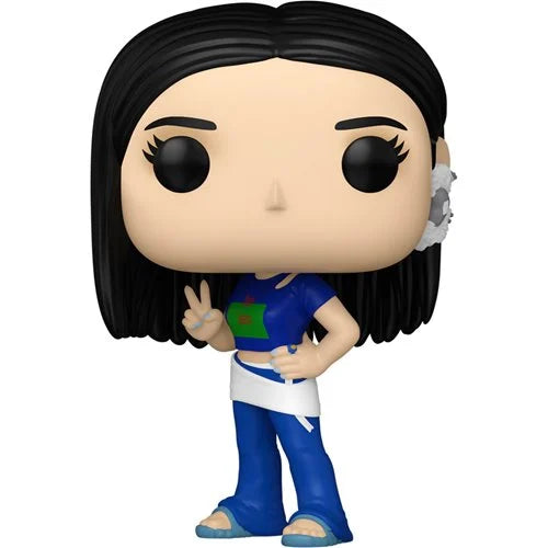 "Official Funko Pop figure of NewJeans Minji in a sporty blue outfit with long black hair, side part, and peace sign pose—must-have vinyl toy for K-pop lovers."