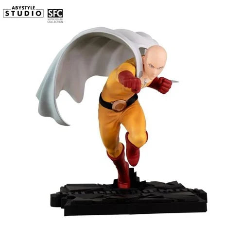 One Punch Man Saitama action figure in yellow suit and white cape mid-punch, ABYstyle Studio Super Figure Collection anime statue