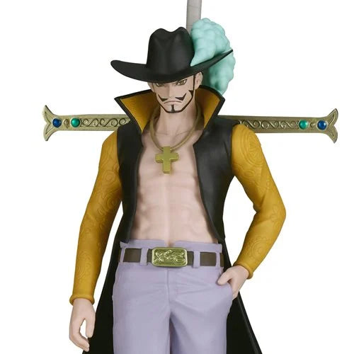 One Piece Dracule Mihawk figure with iconic black hat, cross pendant, and Yoru sword on back – anime collectible statue.