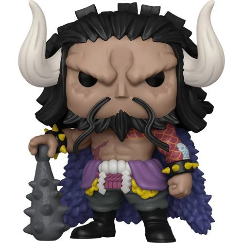 Funko Pop! Vinyl figure of Kaido from One Piece, standing 6 3/4 inches tall, holding a gray spiked club, wearing a purple cape and black pants with prominent horns and dragon tattoos.