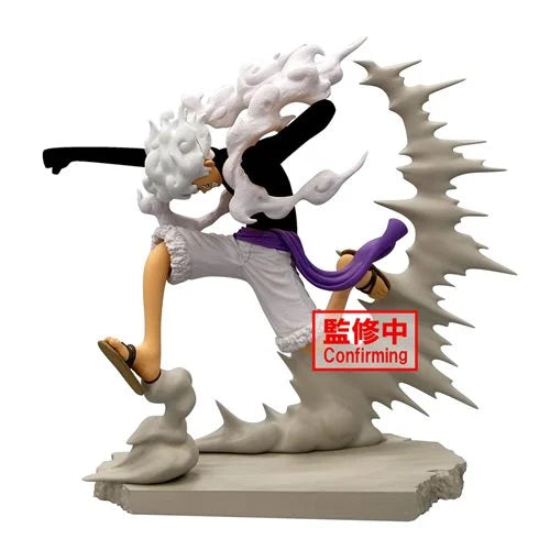 One Piece Monkey D. Luffy Gear 5 Version Senozekkei Statue featuring white hair, flowing steam effects, and dynamic action pose from Gear Fifth transformation.