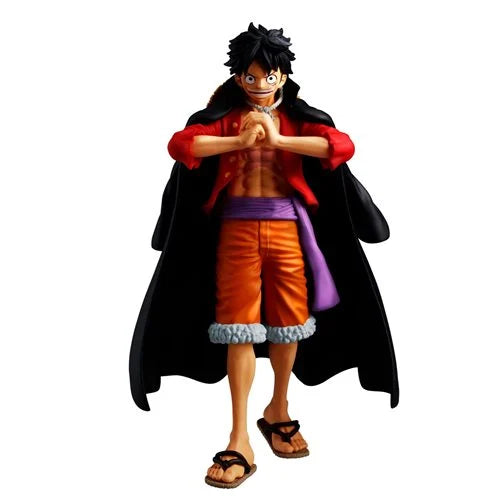 One Piece Monkey D. Luffy The Shukko Special Statue featuring Luffy in red jacket, purple sash, black cape, and combat stance, detailed anime figure for collectors and fans.