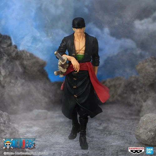 One Piece Roronoa Zoro The Shukko anime statue holding swords with red sash and black outfit in dynamic pose.