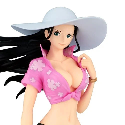 One Piece Splash Nico Robin Glitter & Glamours anime figure wearing pink floral top and sunhat, collectible Banpresto statue