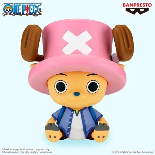 One Piece Tony Tony Chopper Arabasta Version Sofvimates statue by Banpresto, sitting vinyl figure in pink hat and desert outfit from Arabasta arc.