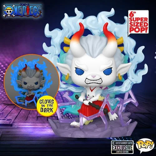 One Piece Yamato Man-Beast form 6-inch Super Sized Funko Pop vinyl figure with glow-in-the-dark blue flame effect and Entertainment Earth exclusive label