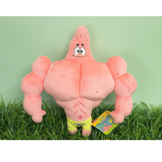 "Strong and buff Patrick Star plush toy with exaggerated muscles and green shorts, posed on grass against a mint green backdrop – a funny and unique collectible for SpongeBob and Patrick fans."