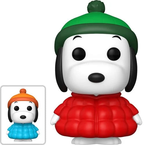 Funko Pop Snoopy vinyl figure in winter puffer jacket with beanie hat, red coat and green hat variant, Peanuts collectible toy