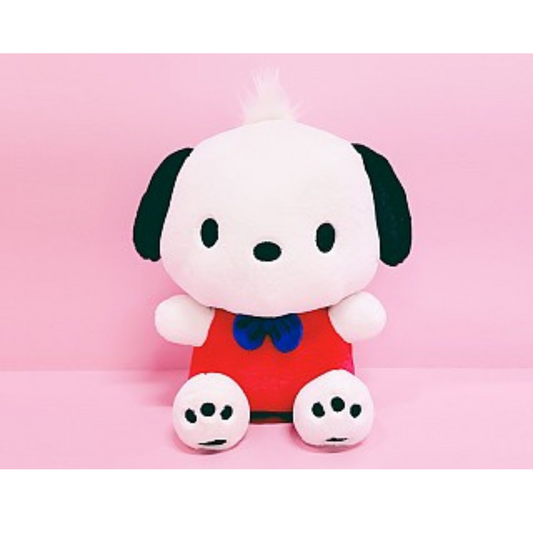 "Pochacco Sanrio plush toy with red outfit, blue bow, floppy black ears, and paw print feet – soft stuffed animal for kids, collectors, and kawaii gift lovers"