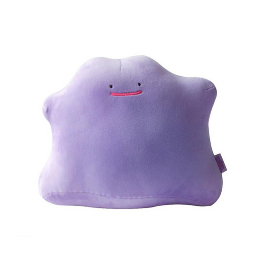 Soft and squishy purple Ditto Metamong Pokémon plush pillow with a smiling face, designed for cuddling, lounging, or decoration – ideal for fans and collectors.