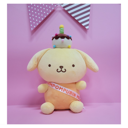 "Pompompurin Sanrio birthday plush toy with cake party hat and HBD sash – soft yellow dog plush for kawaii collectors and birthday gifts"