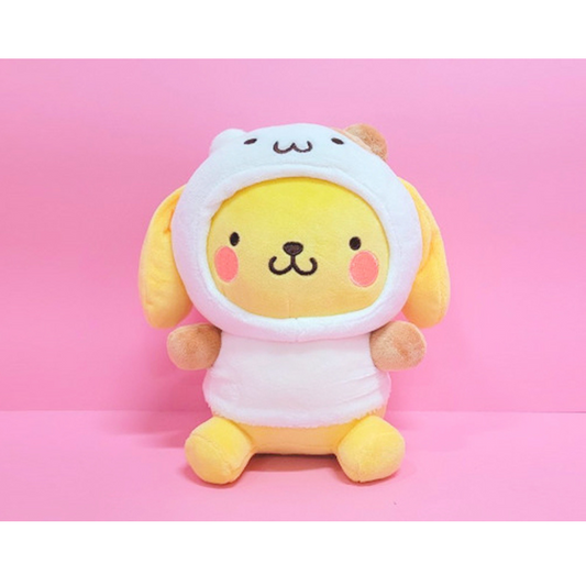 "Pompompurin Sanrio plush toy wearing white hoodie costume with character face – soft kawaii stuffed animal for fans, kids, and plush collectors"