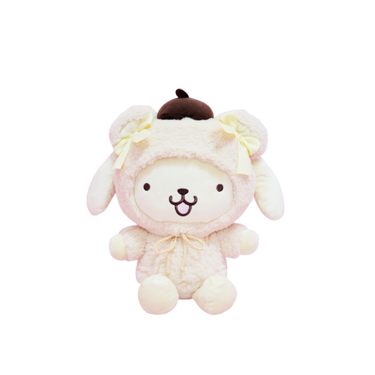  Pompompurin plush toy in a sheep hooded outfit with signature brown beret and yellow ribbon bows.