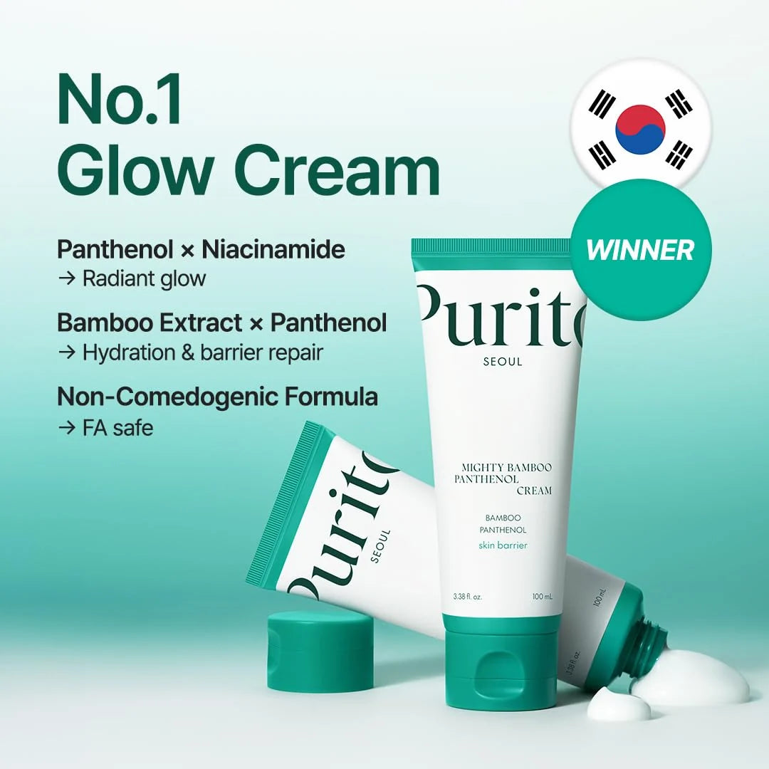 Purito seoul mighty bamboo panthenol cream with product details and a 'Winner' badge on a light green background