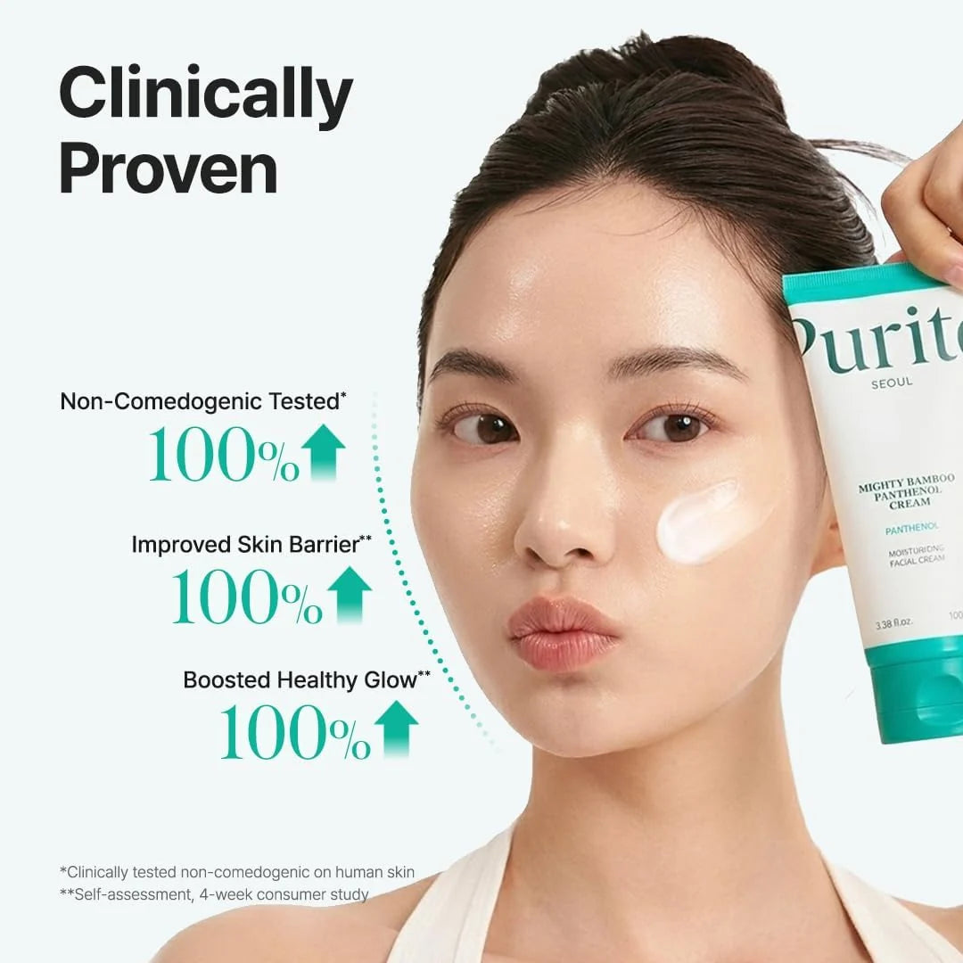 A woman with a skincare cream applied to her cheek holds a tube of Purito Seoul Mighty Bamboo Protecting Cream next to her. The image features marketing text highlighting clinically proven benefits: non-comedogenic testing, improved skin barrier, and boosted healthy glow.