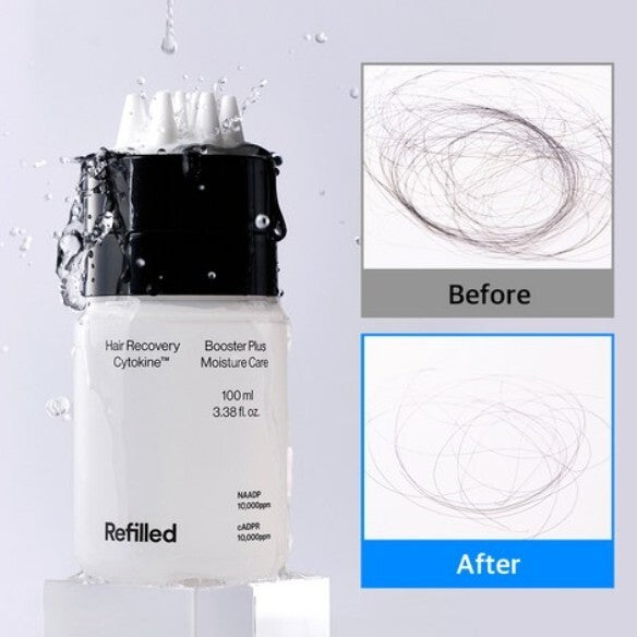 REFILLED Cytokine Booster Plus applied directly to scalp for sebum and hair loss symptom care before vs after