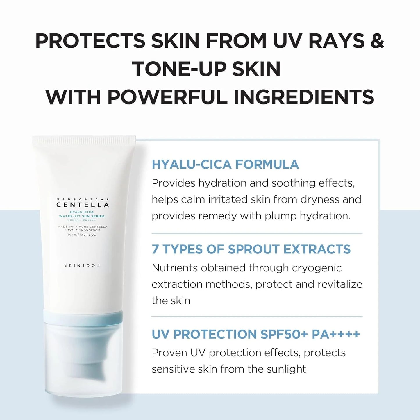 Skincare product with text highlighting its features on a light blue background