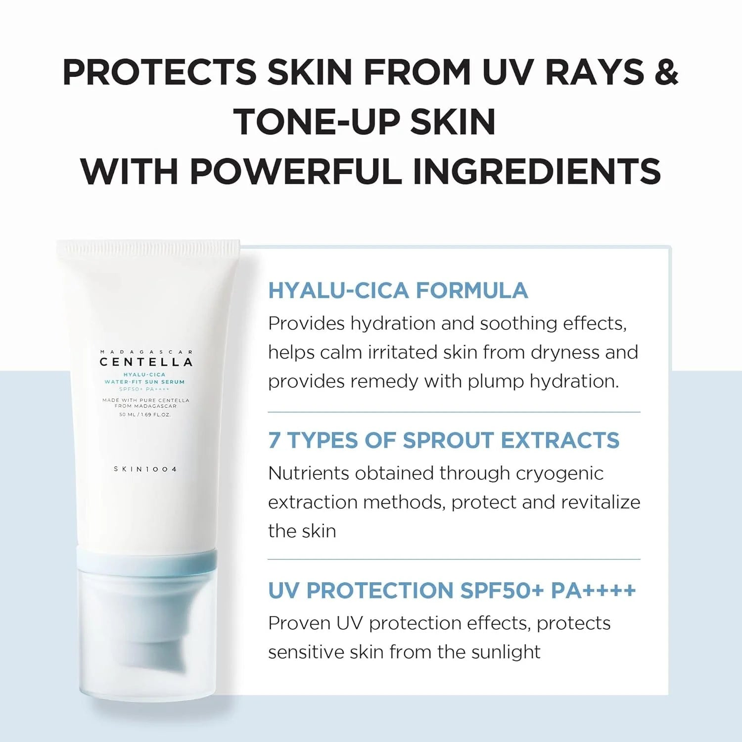 Skincare product with text highlighting its features on a light blue background
