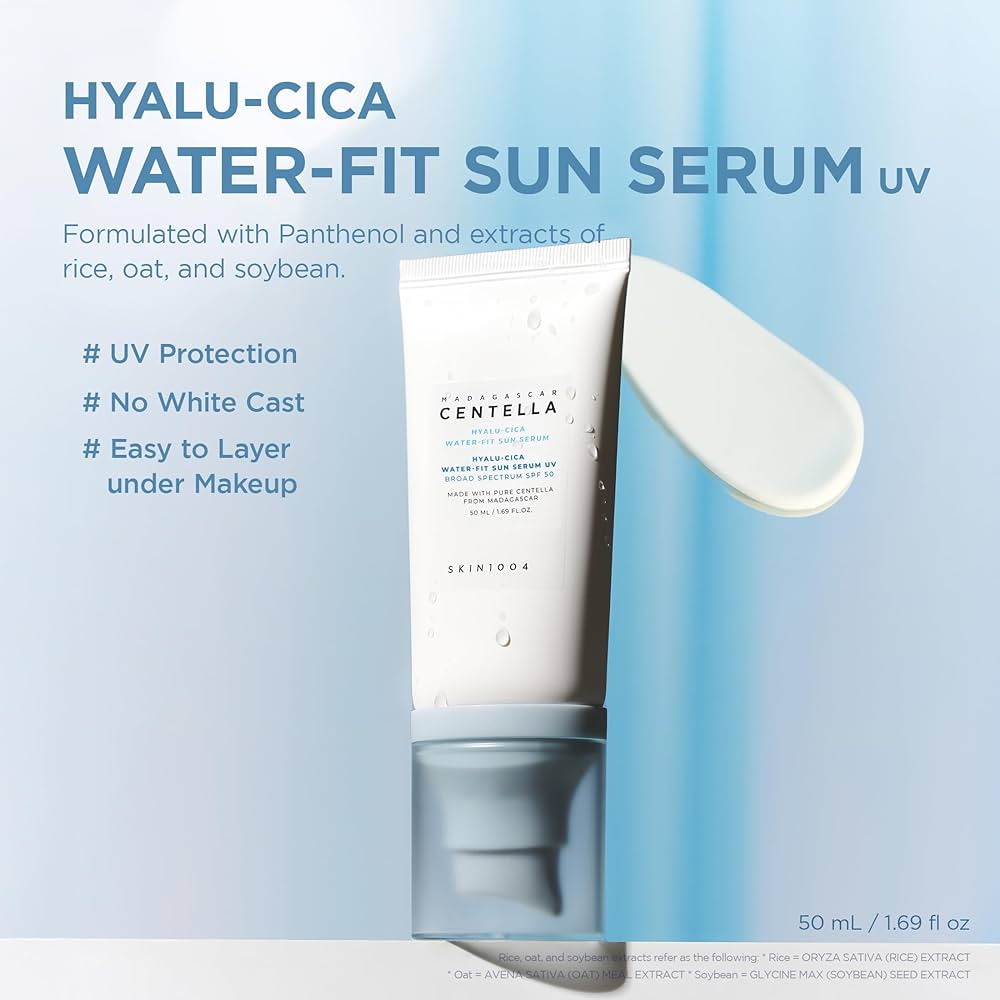 Skintouch Hyalu-Cica Water-Fit Sun Serum UV with product packaging on a light blue background