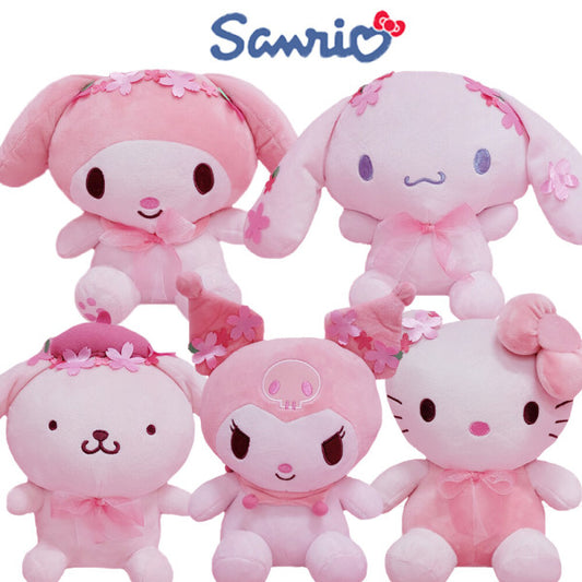 Sanrio Cherry Blossom Plush Collection featuring Hello Kitty, My Melody, Kuromi, Cinnamoroll, and Pompompurin in pink sakura-themed outfits.