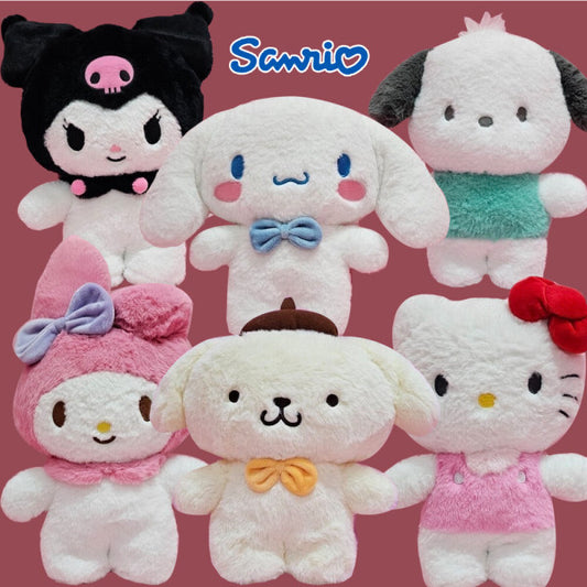 Sanrio standing plush toy set featuring Hello Kitty, My Melody, Cinnamoroll, Kuromi, Pochacco, and Pompompurin in upright pose, soft collectible dolls for kawaii fans and Sanrio lovers