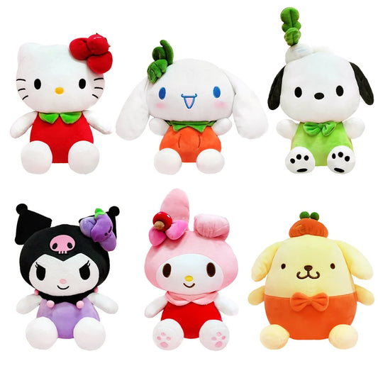 "Sanrio Vegetable Series plush set featuring Hello Kitty, Cinnamoroll, Pochacco, Kuromi, My Melody, and Pompompurin in cute fruit and vegetable costumes – kawaii stuffed toys for collectors and gift ideas"