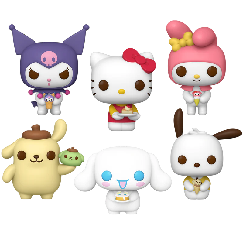 Sanrio Funko Pop vinyl figures featuring Kuromi, Hello Kitty, My Melody, Pompompurin, Cinnamoroll, and Pochacco holding ice cream or desserts in adorable outfits.
