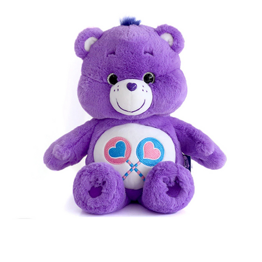 "Care Bears Share Bear plush toy with purple fur and crossed lollipop belly badge – soft and cuddly stuffed animal for kids and collectors"