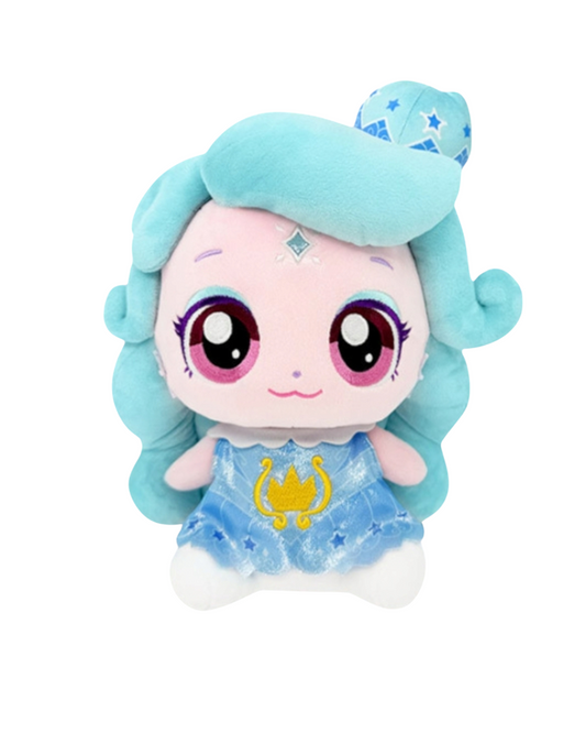 "Shimmerping plush doll from Teenieping – features aqua blue hair, sparkling eyes, and a magical blue dress with a crown emblem, perfect for fans of the magical girl animation series."