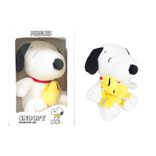 Snoopy and Woodstock plush toy gift set, featuring a hugging pose and boxed packaging for fans of the Peanuts gang.