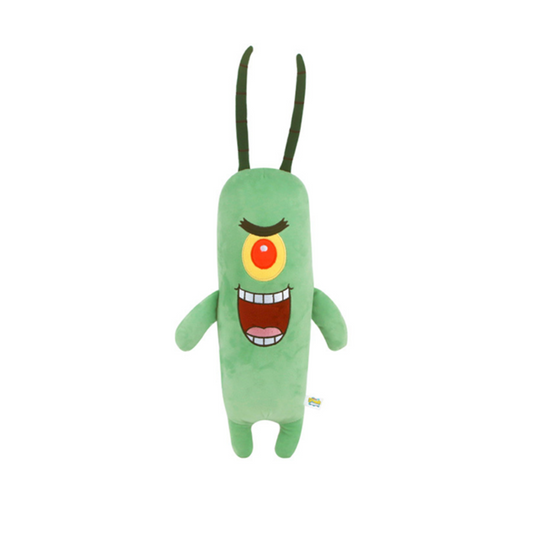 SpongeBob SquarePants Plankton plush doll with red and yellow single eye, green body, and tall antennae, soft stuffed toy for kids and collectors