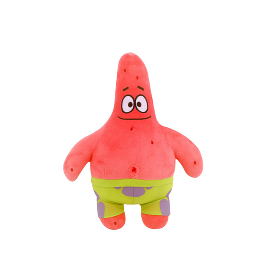 Patrick Star plush toy from SpongeBob SquarePants wearing green and purple shorts, soft and cuddly stuffed figure for kids and fans
